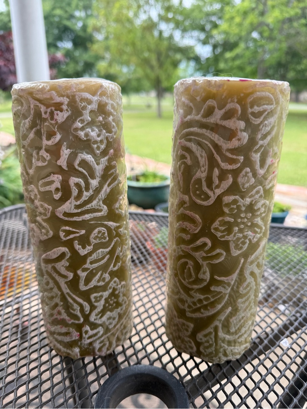 2 vintage olive wax pillar candles, made from beeswax & molded floral design